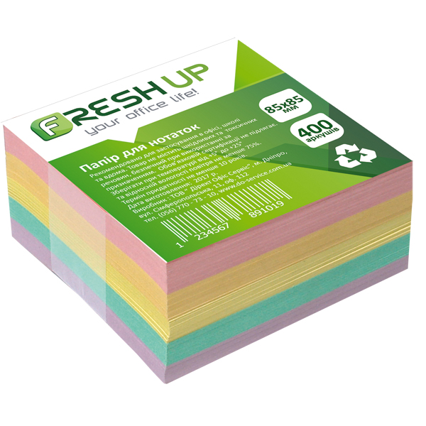 Блок паперу для нотаток 85х85мм., 400 арк., клеєний, класика Fresh Up